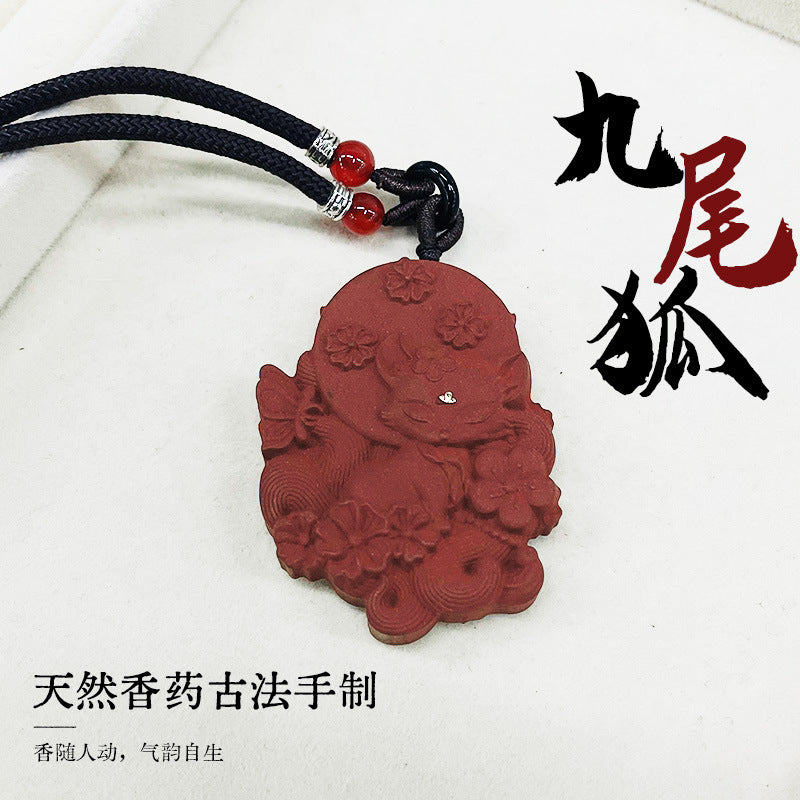 草木琅九尾狐雕刻工艺品合香木牌子男女文玩吊坠工厂店双面车载