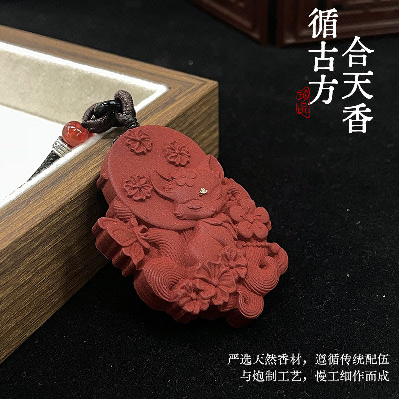草木琅九尾狐雕刻工艺品合香木牌子男女文玩吊坠工厂店双面车载