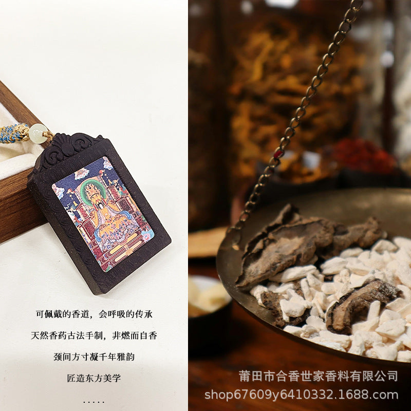 草木琅手绘龙五财神招财藏式唐卡合香牌吊坠持久留香天然制作香牌挂脖