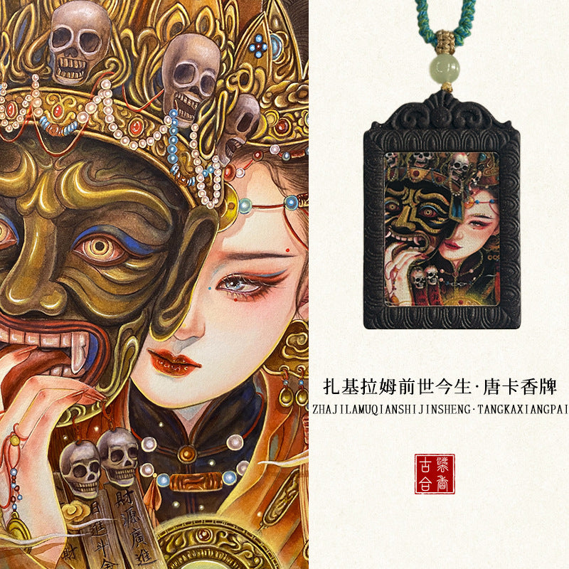 草木琅手绘描金唐卡青丘九尾香牌吊坠挂脖天然材质持久留香合香牌