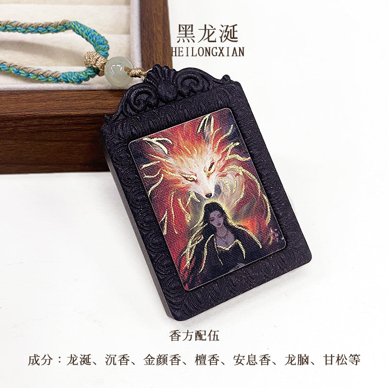 草木琅手绘描金唐卡青丘九尾香牌吊坠挂脖天然材质持久留香合香牌
