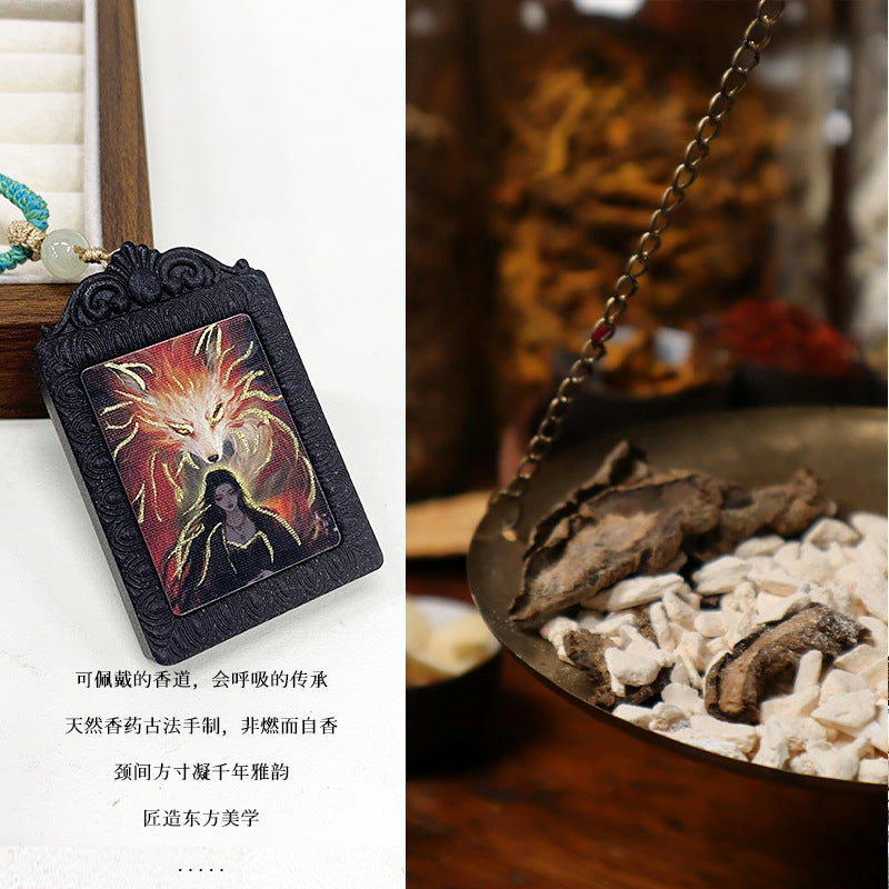 草木琅手绘描金唐卡青丘九尾香牌吊坠挂脖天然材质持久留香合香牌